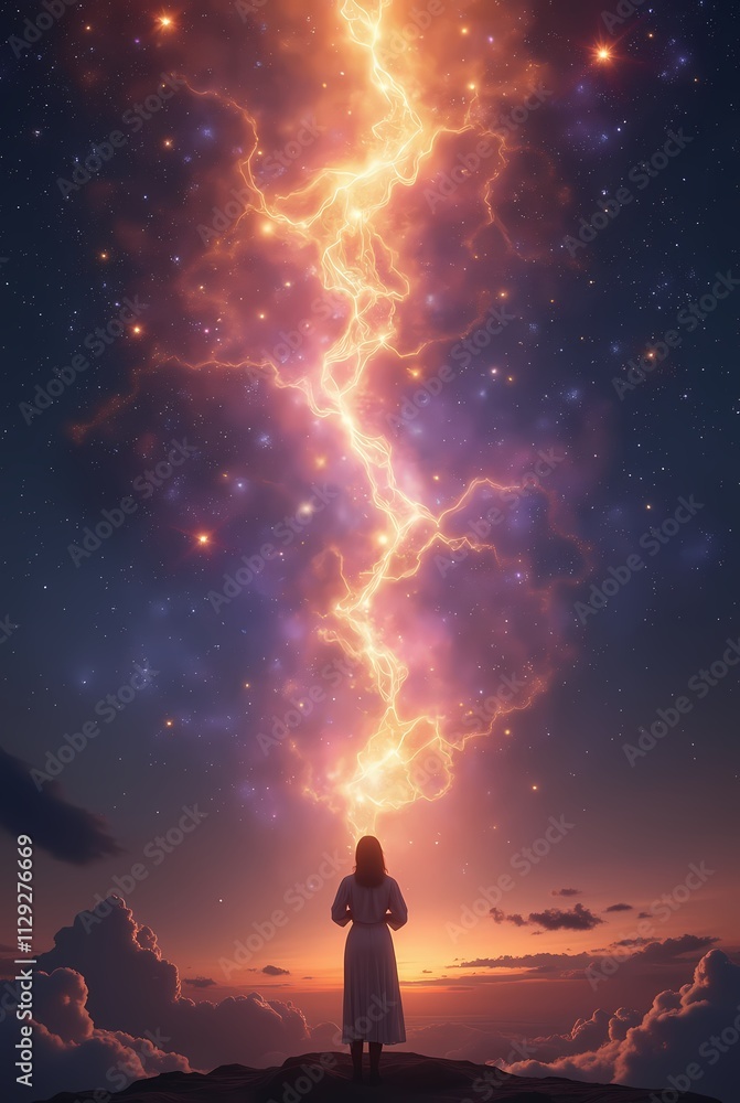Fototapeta premium A powerful figure stands under a vast starry sky, galaxies in gold, purple and magenta