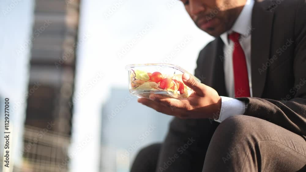 Businessman enjoying healthy lunch break in urban setting Businessman enjoying healthy lunch break in urban setting