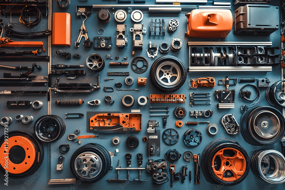 Fototapeta premium Array of diverse car components neatly organized in a workshop setting, AI Generated