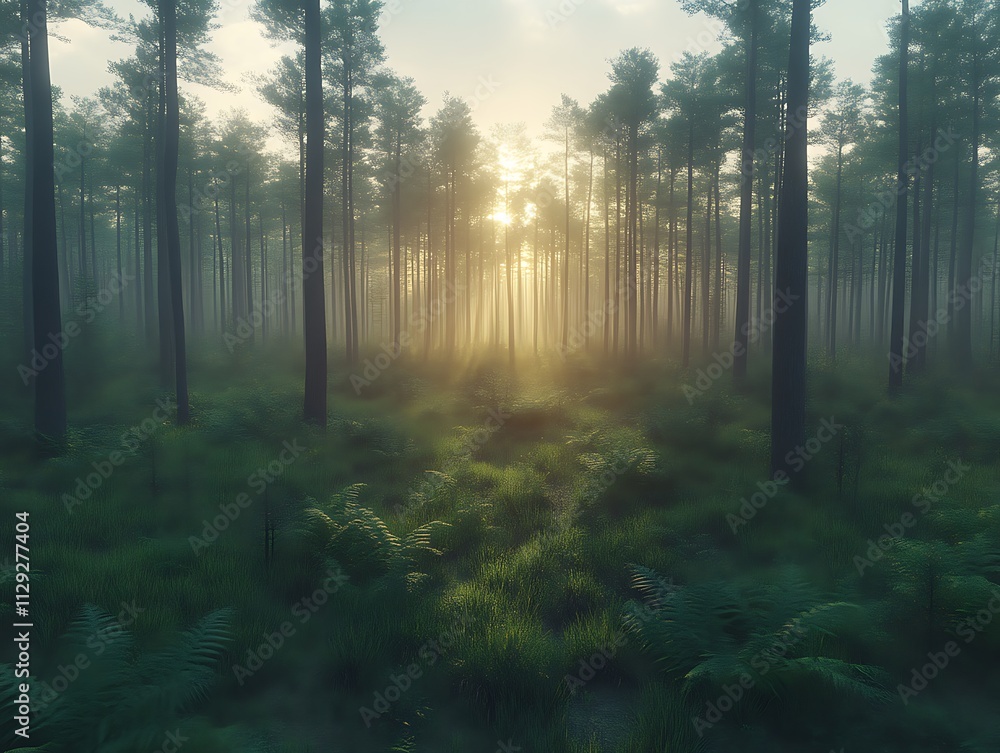 Fototapeta premium Sunrise Illuminates Misty Pine Forest Path