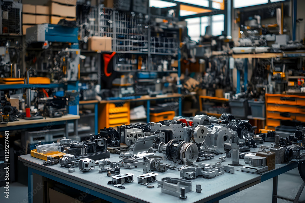 Array of diverse car components neatly organized in a workshop setting, AI Generated