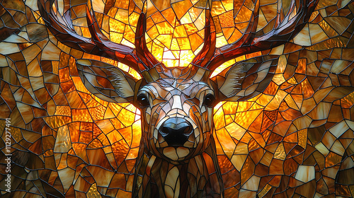 Stained Glass Deer Head with Intricate Antler Patterns and Glowing Light