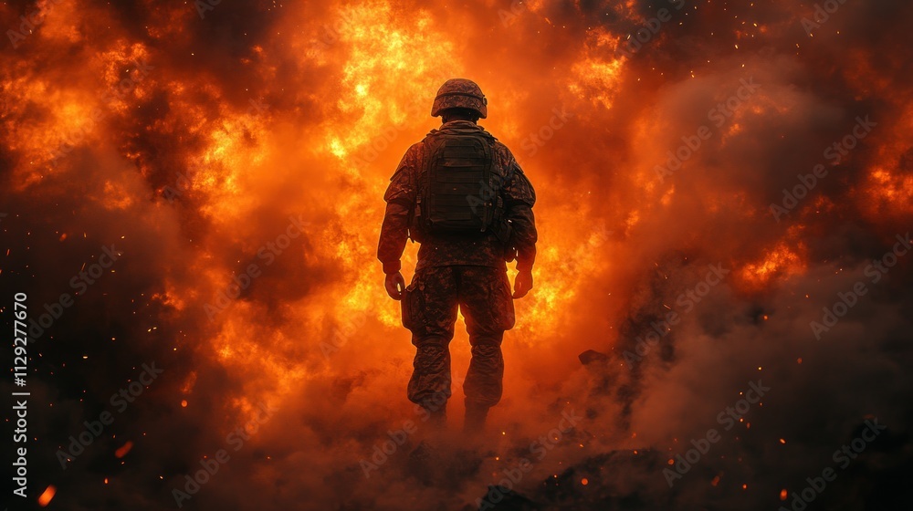 Fototapeta premium Soldier standing amidst fiery explosion and smoke.
