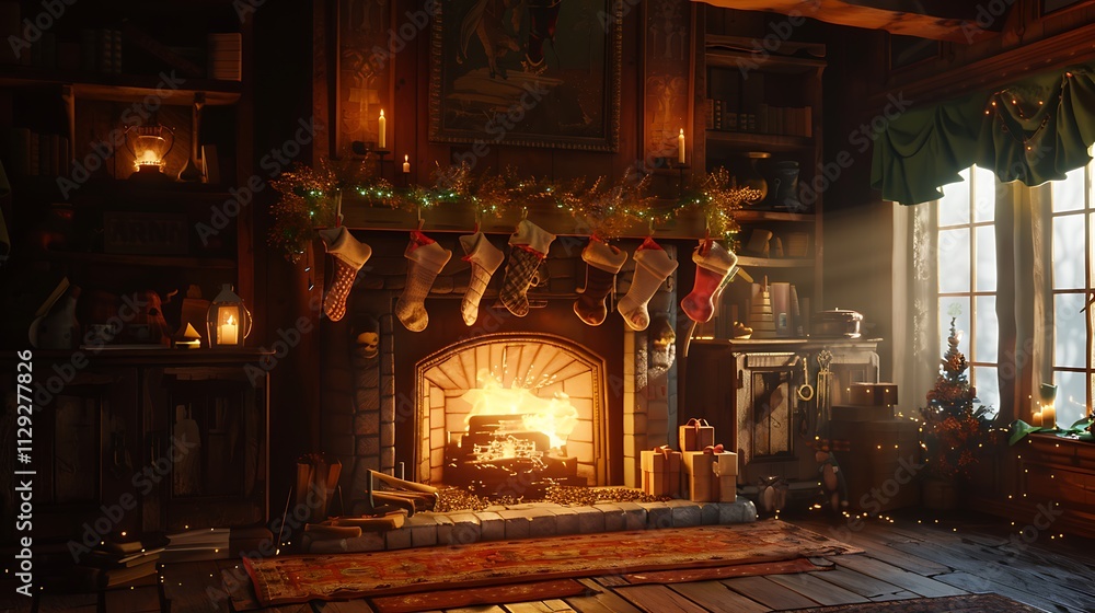A fireplace with stockings hung, a crackling fire, and a warm atmosphere A fireplace with stockings hung, a crackling fire, and a warm atmosphere