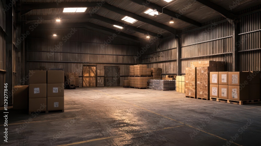 HVAC system concept. Spacious warehouse interior with stacked boxes and wooden pallets under soft overhead lighting. HVAC system concept. Spacious warehouse interior with stacked boxes and wooden pallets under soft overhead lighting.