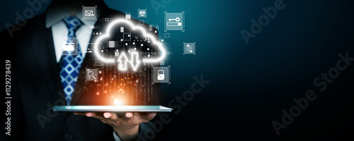 Business person discover the future of cloud computing with latest insights and elevate business by integrating cloud computing technology. Embrace the cloud era with innovative computing EIDE photo