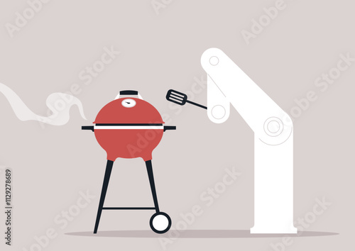 A modern barbecue robot expertly flips burgers on a grill, showcasing its culinary skills during a barbecue party, bringing joy to outdoor cooking adventures