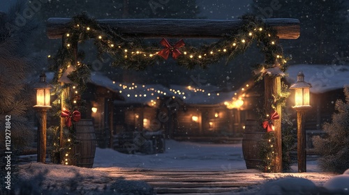 Wallpaper Mural Enchanted Winter Scene Featuring Festive Decorations, Glowing Lanterns, and a Snowy Pathway Enhancing the Holiday Atmosphere in a Cozy Cabin Setting Torontodigital.ca