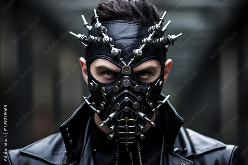 Cyberpunk soldier wearing futuristic helmet and armor is looking away Cyberpunk soldier wearing futuristic helmet and armor is looking away