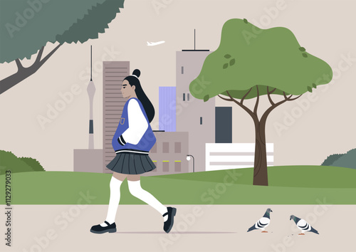A school girl in a stylish pleated skirt and bomber jacket walks confidently along a tree-lined walkway, with skyscrapers and lively pigeons creating an urban backdrop, embodying youth and freedom