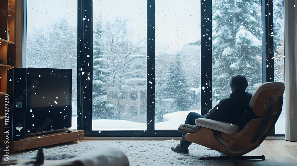 A large living room with modern furnishings a person sitting on a chair near the window gazing at the snowflakes swirling outside. A large living room with modern furnishings a person sitting on a chair near the window gazing at the snowflakes swirling outside.