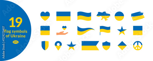 Vector Ukraine flag symbols set on white background. Ukrainian map, hand with heart, shield, location, circle, peace sign, stars, square, round and rectangle shapes.