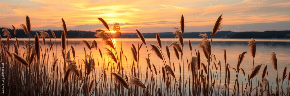 A serene lakeside view with golden reeds swaying in the breeze, reflecting the fiery hues of an autumn sunset A serene lakeside view with golden reeds swaying in the breeze, reflecting the fiery hues of an autumn sunset
