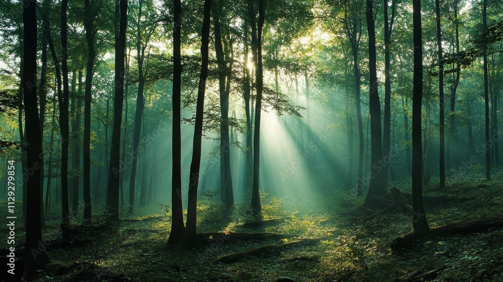Obraz premium A serene forest scene with sunlight streaming through trees, creating a tranquil atmosphere.
