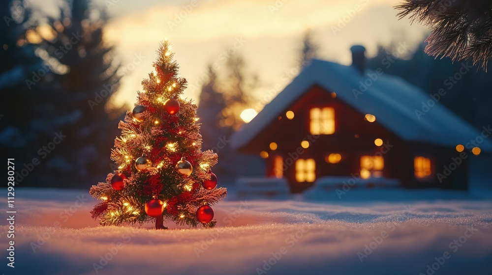 Beautiful Christmas Tree Decorated with Ornaments, Surrounded by Snow Near a Cozy Cabin, Glowing with Warm Light in a Festive Winter Landscape Beautiful Christmas Tree Decorated with Ornaments, Surrounded by Snow Near a Cozy Cabin, Glowing with Warm Light in a Festive Winter Landscape
