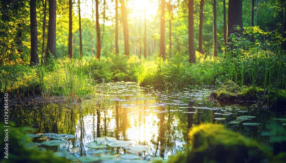 Obraz premium A tranquil forest scene with sunlight filtering through trees, reflecting on a calm pond surrounded by lush greenery and vibrant foliage.