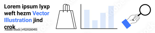 Hand holding magnifying glass, shopping bag, and bar chart align with sample Latin text. Ideal for business analysis, marketing, research, online shopping, e-commerce, data analysis education