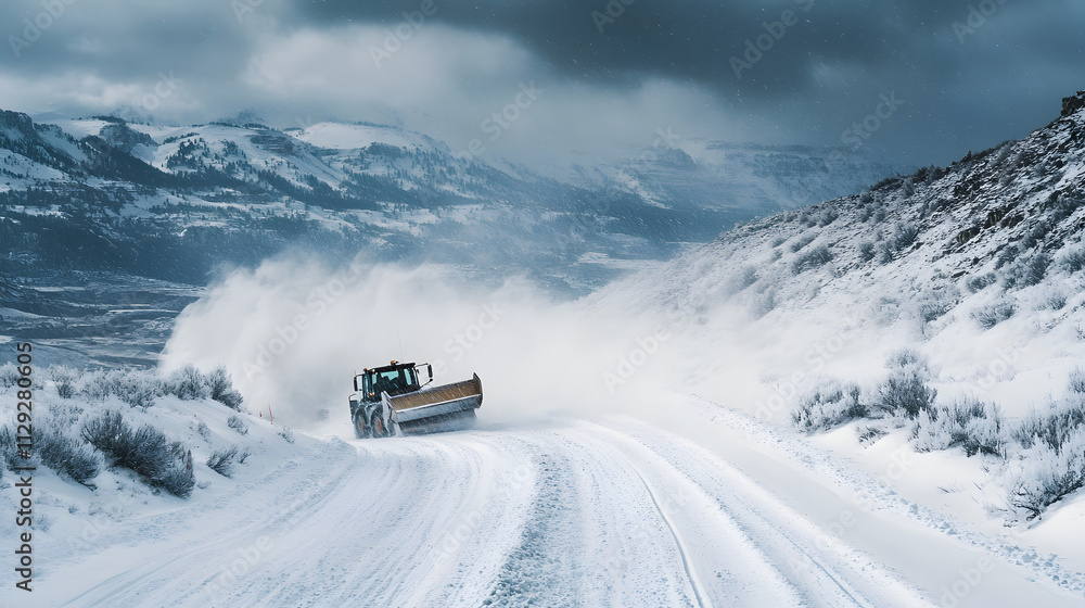 A large snowplow clearing snow from a narrow mountain road pushing it toward the edge as snow continues to fall heavily. A large snowplow clearing snow from a narrow mountain road pushing it toward the edge as snow continues to fall heavily.