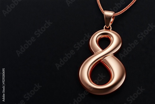 A close-up shot of an elegant gold pendant shaped like the number 8, lying on a dark velvet background photo