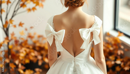 A bride wearing an elegant white wedding dress with detailed bows on the back stands indoors, framed by autumn-colored decorations and soft natural light, creating a serene and romantic wedding ambian photo