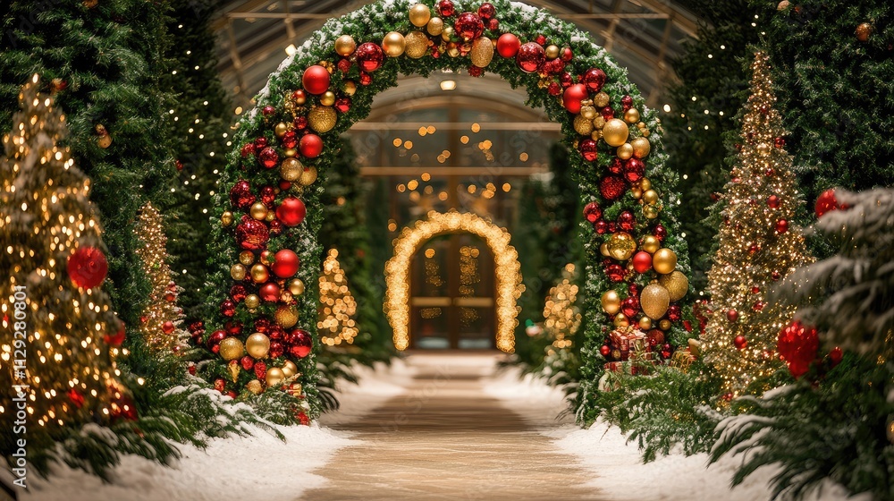 Fototapeta premium Enchanting Holiday Pathway Adorned with Lush Greenery, Glimmering Ornaments, and Festive Lights, Creating a Magical Winter Wonderland Experience