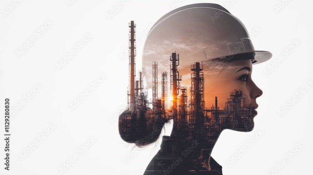 Silhouette of a female engineer with an industrial cityscape overlay, symbolizing innovation and industry Silhouette of a female engineer with an industrial cityscape overlay, symbolizing innovation and industry
