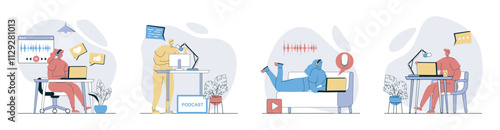 Podcast streaming concept set in flat design for web. Collection with people in headphones broadcasting, radio host talks in microphone, creating audio content, follower listen. Vector illustrations.