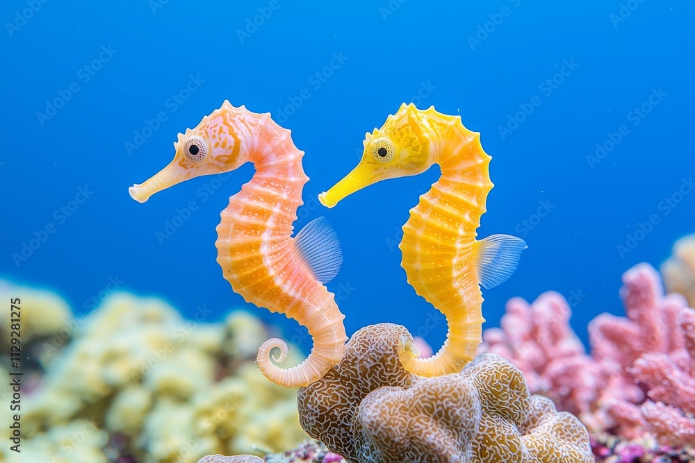 In their natural environment, a pair of seahorses wrap their tails around each other, encircled by colorful coral and marine creatures. In their natural environment, a pair of seahorses wrap their tails around each other, encircled by colorful coral and marine creatures.