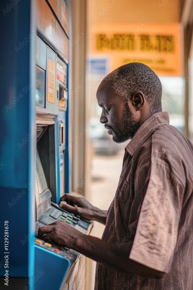 Fototapeta premium Man uses automated teller machine outdoors.