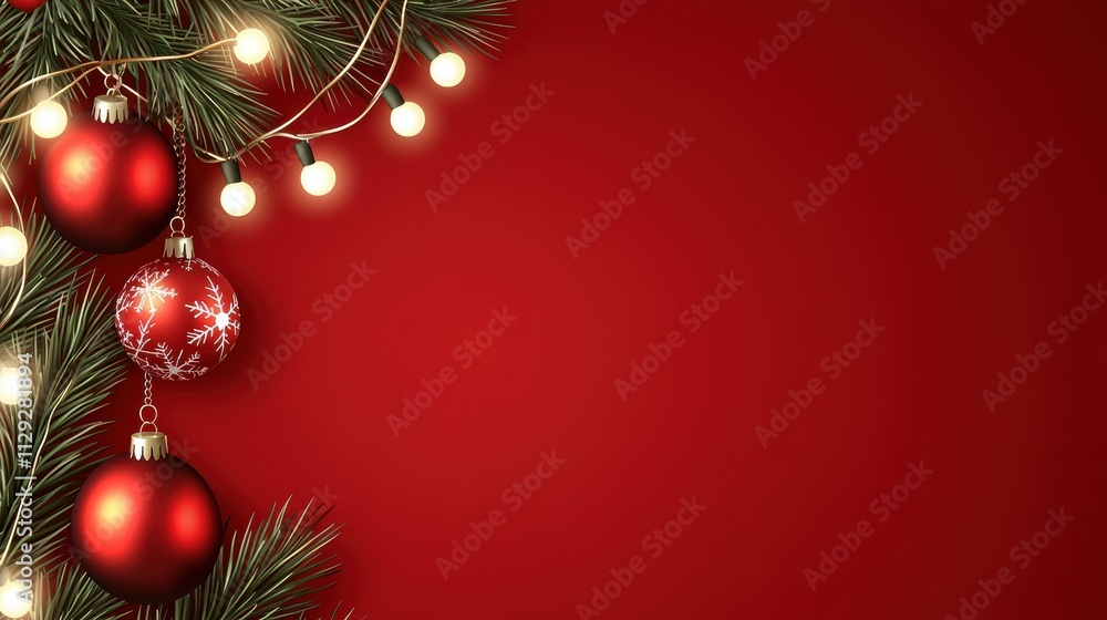 Warm Merry Christmas design featuring glowing string lights, red baubles, and greenery on a bold red background Warm Merry Christmas design featuring glowing string lights, red baubles, and greenery on a bold red background