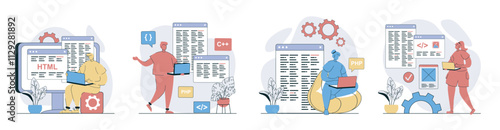 Programmer working concept set in flat design for web. Collection with people programming at different computer languages, creating code at screens, developing new it products. Vector illustrations.