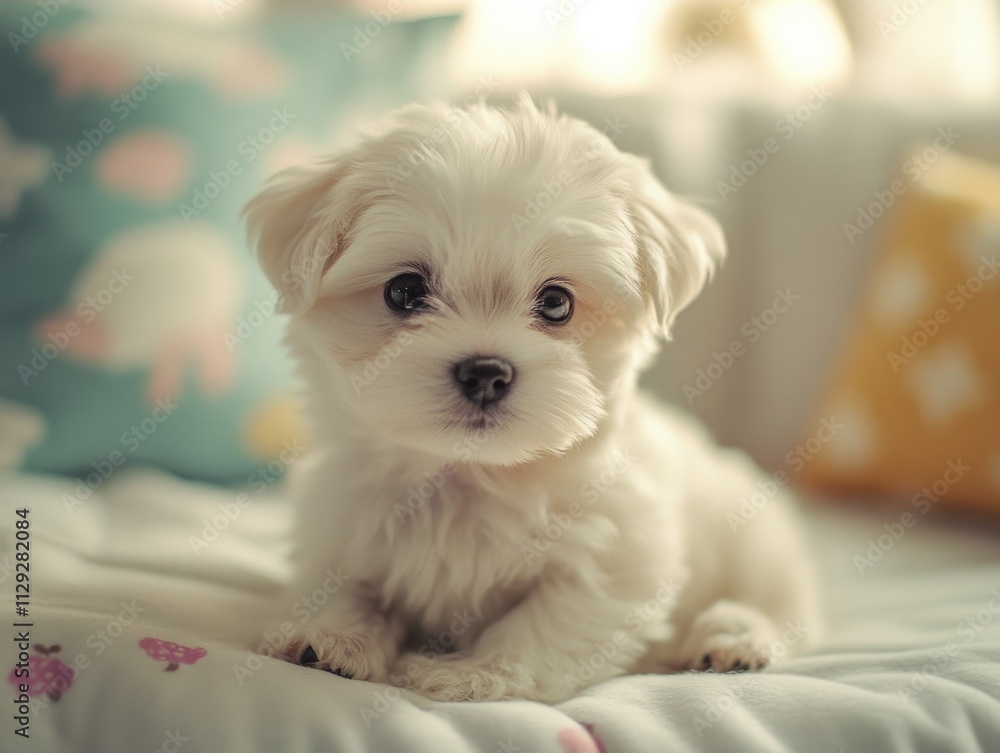 Small white dog on bed