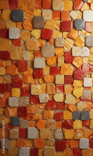 Orange and yellow red abstract mosaic tiles on a stony plastic background with marble texture, red, tile, abstract photo