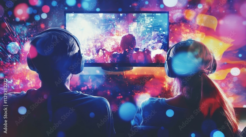 Two people wearing headphones watch screen display. Two people wearing headphones watch screen display.