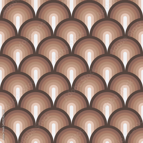 Retro waves wallpapers pattern, Seamless repeating vector pattern, brown mocha mousse colors, 1970s ogee scales concentric semi-circles pattern