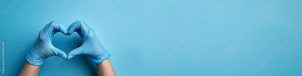 Doctor making heart shape with hands wearing medical gloves on blue background Doctor making heart shape with hands wearing medical gloves on blue background
