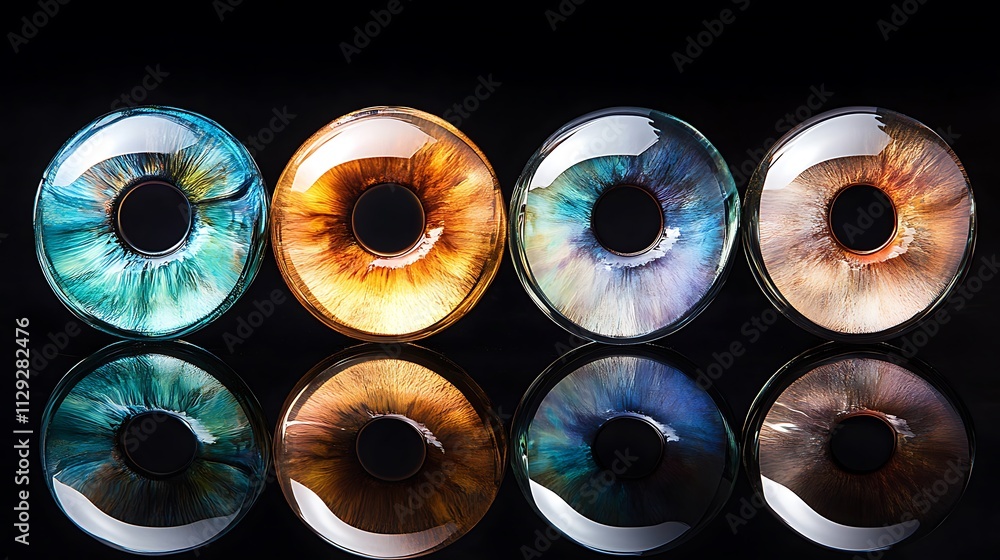 Fototapeta premium Colorful Irises Reflecting On Dark Surface