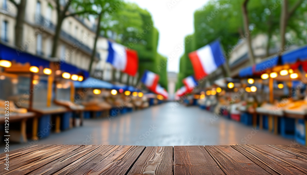 Wooden table in front of blurred Parisian street market Wooden table in front of blurred Parisian street market