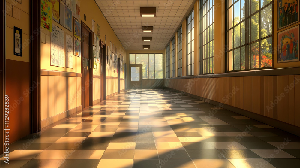 An empty school corridor with a checkered floor and sunlight streaming through the windows . illustration An empty school corridor with a checkered floor and sunlight streaming through the windows . illustration