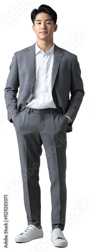 PNG A cheerful Asian businessman suit sneakers casual.