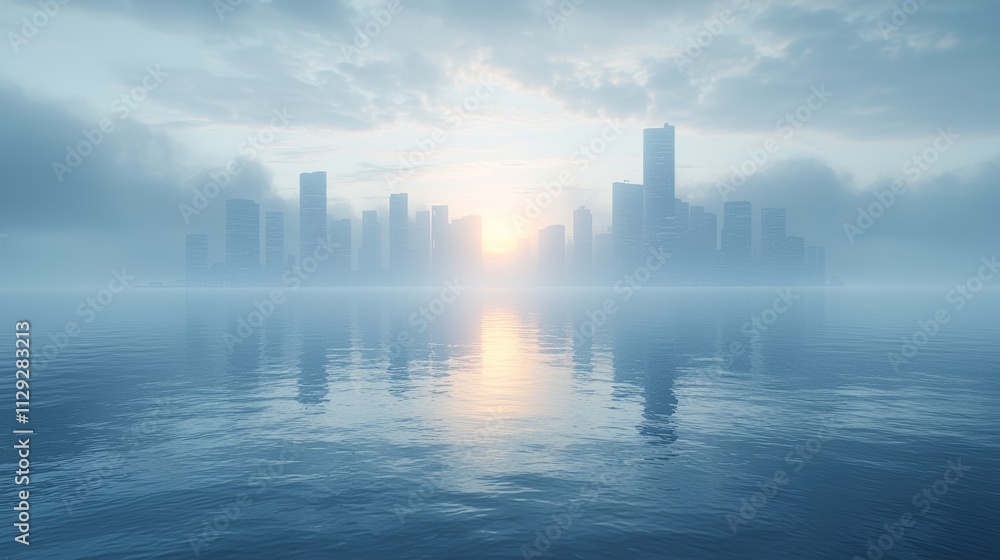 Fototapeta premium A futuristic city skyline rises from a turbulent sea, illustrating the possible effects of climate change.