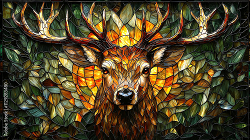 Stained Glass Artwork of a Majestic Deer Head with Intricate Antler Details