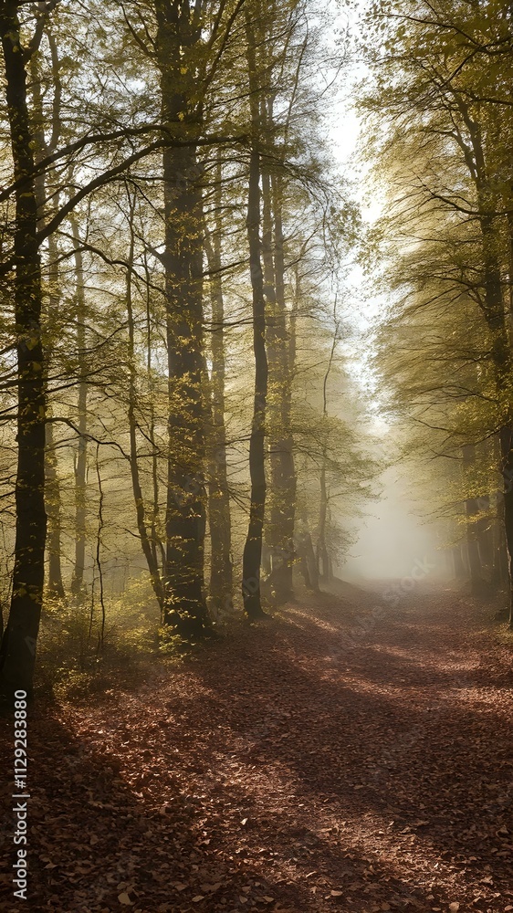 Fototapeta premium A misty forest path with soft sunlight filtering through golden leaves, creating an enchanting autumn atmosphere