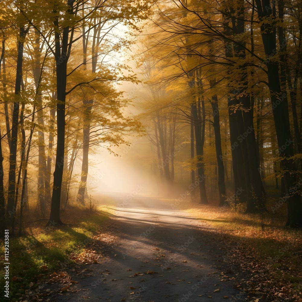 Fototapeta premium A misty forest path with soft sunlight filtering through golden leaves, creating an enchanting autumn atmosphere