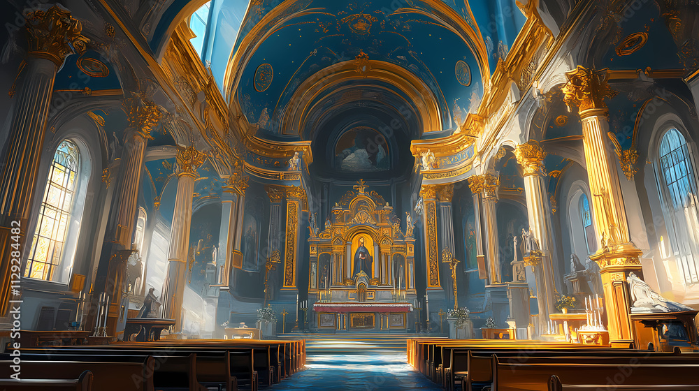 Obraz premium Blue and gold church interior illustration. Basilica. Illustration