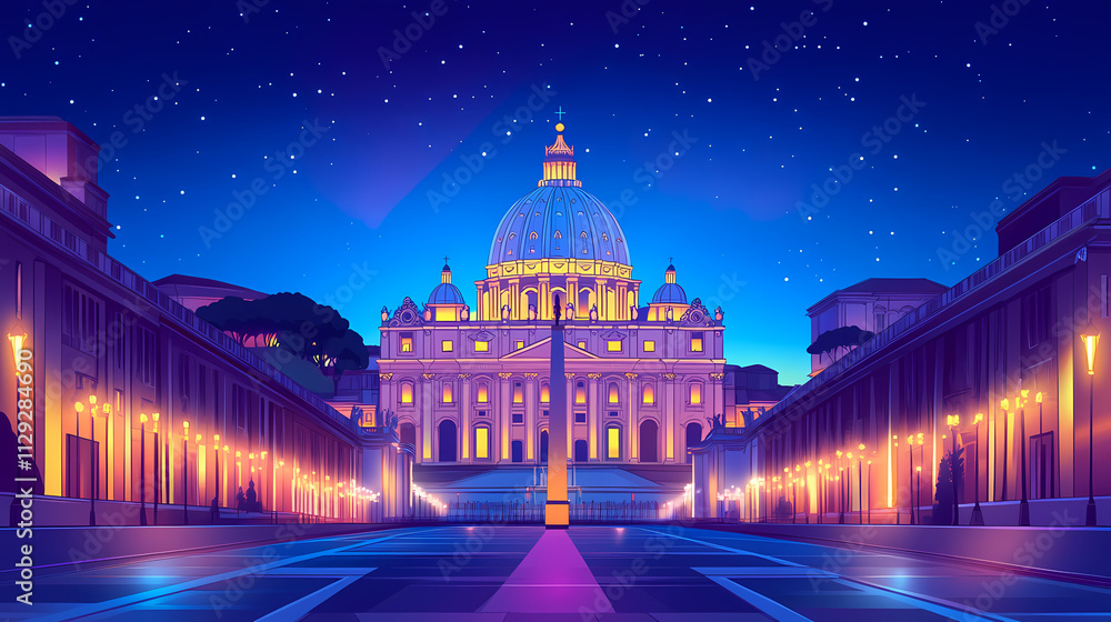 Obraz premium City at night, saint peter basilica, saint peter basilica city. Basilica. Illustration