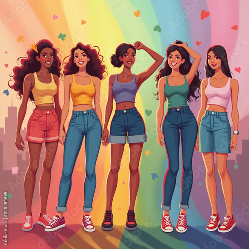 women celebrating pride month: love, diversity and inclusion. vector illustration.