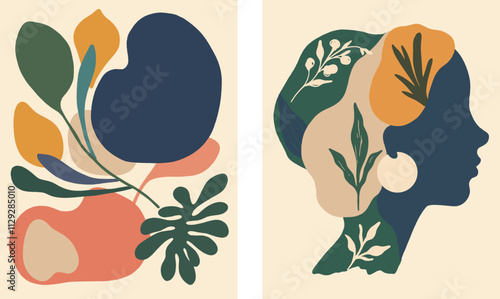 Abstract Botanical Monstera Woman Face Portrait Impressionism Mid-Century Wall Art  Vector Set Illustration