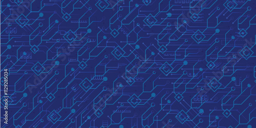 Seamless blue circuit board pattern with geometric elements, futuristic digital lines, and electronic connections. Ideal for high-tech backgrounds, AI concepts, data networks, and cyber technology.  