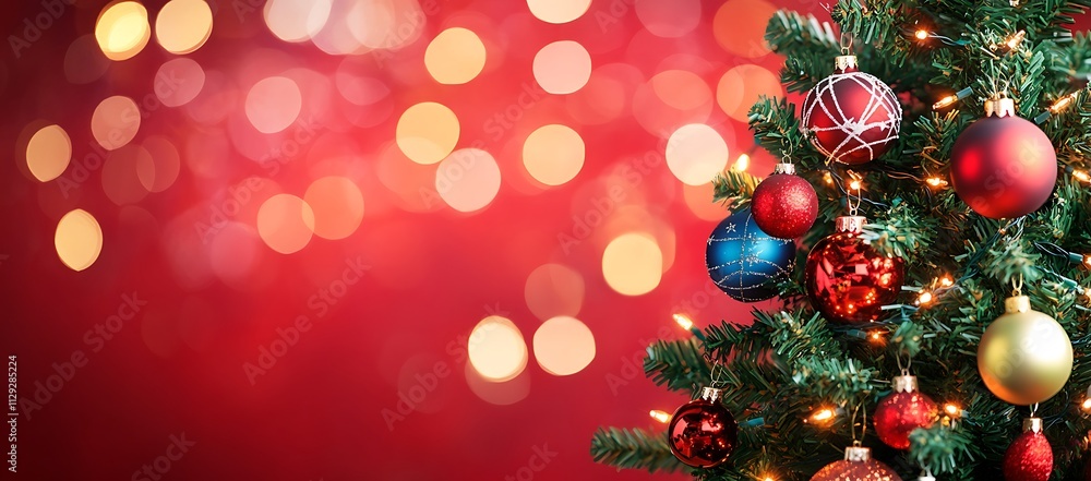 Christmas Tree with Ornaments on Red Background – Abstract Defocused Lights Christmas Tree with Ornaments on Red Background – Abstract Defocused Lights